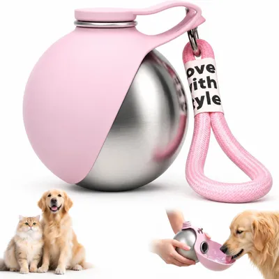 Produktbild von Trinkflasche für Hunde und Katzen, Edelstahl, 285 ml, faltbarer Silikonnapf, für unterwegs