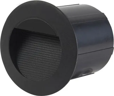A black outdoor step light with a ribbed lens.