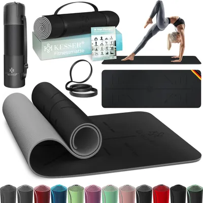 Produktbild von KESSER® Gymnastikmatte mit Tragegurt rutschfest TPE Yogamatte Gepolstert & rutschfest Fitnessmatte , 183 x 61 Trainingsmatte für Fitness Sportmatte, Pilates & Gymnastik Workout extradick