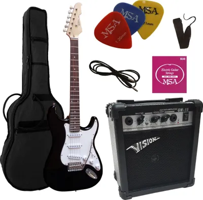 Produktbild von 4/4 Elektrogitarrenset - E-Gitarre schwarz Hochglanz 20 Watt Set - Tasche, Band, Saiten, 3xpik, Verstärker 20 Watt - e gitarren set