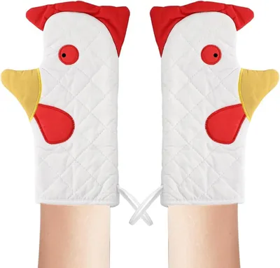 Produktbild von Paar doppellagige, hitzebeständige Ofenhandschuhe mit Hahnenmuster und Riemen, geeignet für Backöfen und Mikrowellen.