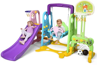 Produktbild von 6 in 1 Kinder Spielplatz Kinderrutsche, Multifunktionales Spiel-Set mit Rutsche Kinderschaukel Basketballkorb Fußballtor Wurfspiele und Schreibbrett, Spielturm für Kinder von 3-8 Jahren