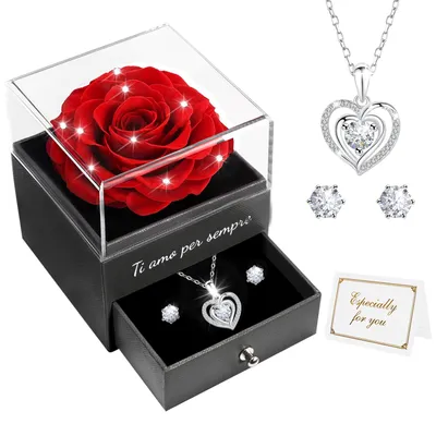 Ewige Rose mit Silberkette, Herzform, rot, 8,8 cm, Geschenk