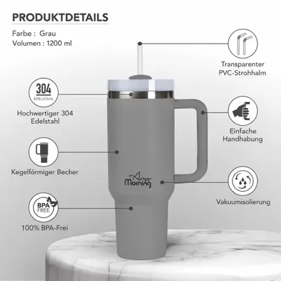 Produktbild von Any Morning SI2440217 Thermosbecher 1200 ml Grau, Doppelschicht-Edelstahl, auslaufsicherer Deckel, 9 Stunden heiß, 12 Stunden kalt, 40,58 oz