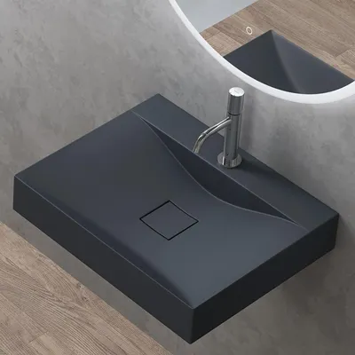 Image de doporro Vasque à Poser 60cm avec Bonde Lavabo Suspendu Gris Noir Mat Colossum810 Fonte Minérale Solid Surface 60x48x12cm