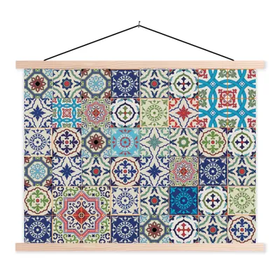 Produktbild von MuchoWow® Textilposter Blumen - Muster - Grün - Blau 120x90 cm mit holzfarbenen Rahmen - Magnetisch