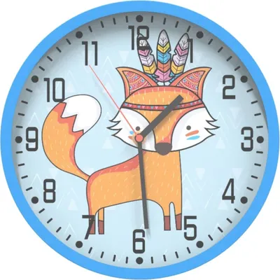 A close-up of a decorative wall clock featuring a cartoon fox wearing a headdress with feathers. The clock has a blue frame and a light blue background with a subtle geometric pattern.