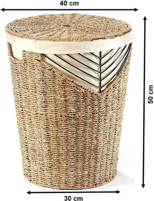 A woven laundry basket with a lid and liner, shown with dimensions indicated.