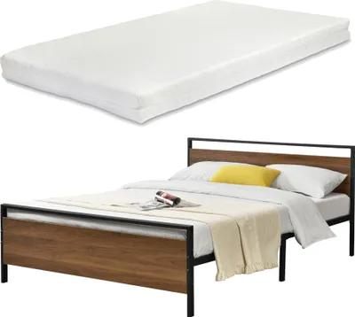 Produktbild von Łóżko metalowe Finse z materacem 140x200 cm łóżko młodzieżowe łóżko podwójne łóżko dla gości metalowa rama łóżka z materacem z zimnej pianki czarna stalowa rama [en.casa]