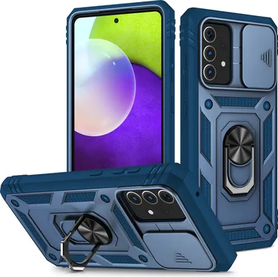 Produktbild von Galaxy A52 Hülle, Schiebe Kamera Schutz Robust Rüstung Stoßfest Schutzhülle mit Ringhalterung Ständer Kartenhalter für Samsung Galaxy A52 5G / 4G Blau