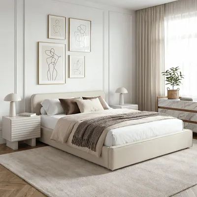 Produktbild von Polsterbett MARINI Doppelbett 140x200 cm in cremeweiß - Bett gepolstert mit Lattenrost, modernes Design & stabiles Holzgestell mit Kunststofffüßen