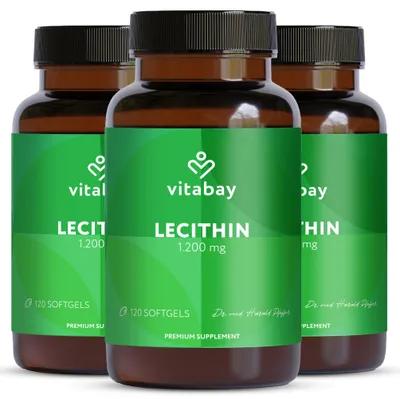 Produktbild von Vitabay Lecithin 1.200 mg – 360 vegane Softgels – mit Phosphatidylcholin aus Soja & Vitamin E – ohne Gluten, Laktose & Gentechnik