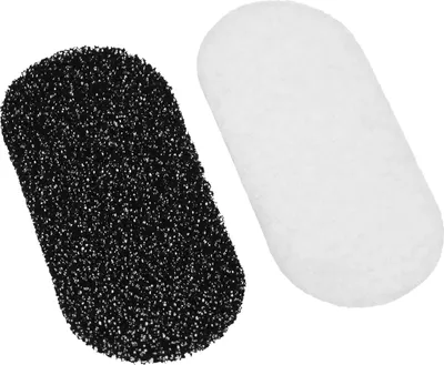 Two oval-shaped filter sponges, one black and one white, are shown against a white background.