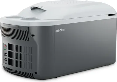 A gray and white Medion cooler box is shown against a white background.