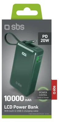Produktbild von SBS 10000 mAh 20W Powerbank mit integriertem USB-C-Kabel und Digitalanzeige - Grün