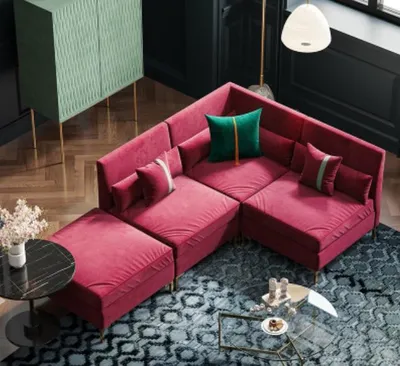 Image de Canapé d'angle, design lounge, en forme de L, revêtement en velours, structure en bois massif, confortable et relaxant