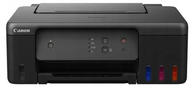 A black Canon Pixma Megatank printer is shown from the front.