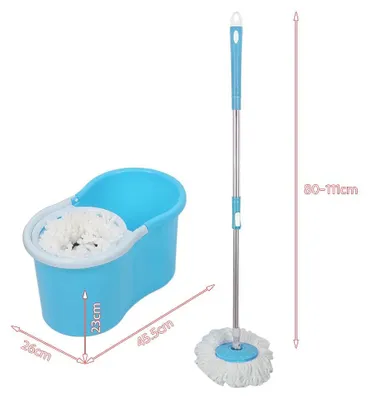 Obrázok produktu pre Sada mopu a vedra – plochý mop s vedrom – funkcia automatického odstreďovania – 2 utierky z mikrovlákna – vhodné na dlažbu a mramorové podlahy – svetlomodrej farby