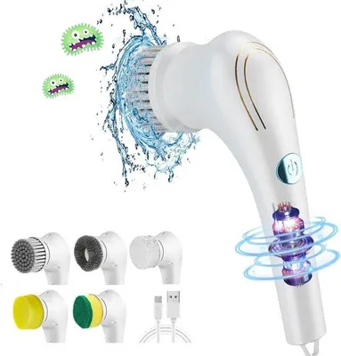 Produktbild von Elektrische 360-Grad-Reinigungsbürste - 5 austauschbare Bürstenköpfe - Wasserabweisend - Spin-Scrubber-Reinigung für Küche und Bad