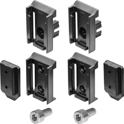 A set of black plastic connectors and silver screws on a white background.