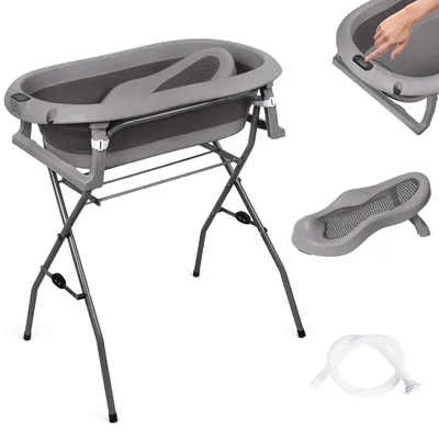 Produktbild von moovkee Babybadewanne mit Gestell 80cm Dunkel Grau Faltbar mit Thermometer, Badesitz und Abflusssystem – Babywanne für Neugeborene mit Ständer