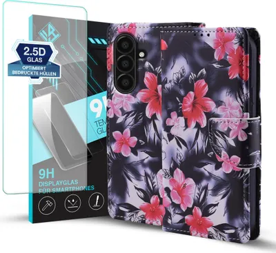 Produktbild von Handy Hülle für Samsung Galaxy A17 / A17 5G mit 9H Displayglas Klapphülle Bookcase Flip Cover Handy Tasche Etui Motiv: Blumen Hibiskus Blüten