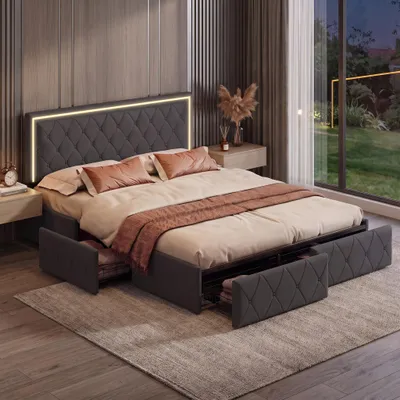 Image de Lit avec coffre de rangement, dimensions 140x200 cm, lit double avec repose-tête réglable en hauteur, lit avec coffre de rangement et 4 tiroirs, structure de lit avec sommier à lattes, revêtement en PU, couleur grise