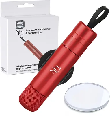 Productafbeelding van MCI® - Veiligheidshamer - Noodhamer - 2 in 1 Safety Hammer & Gordelsnijder - Inclusief Testglas & Zelfklevende Houder - Rood