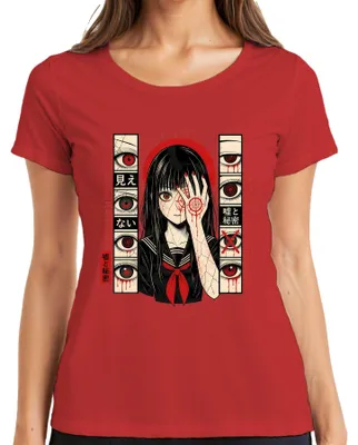 Zdjęcie produktu dla Koszulka damska z motywem anime, horror, manga, dziewczyna, Japonia, czerwone oczy, styl Y2K, dla fanów anime, kolor czerwony, rozmiar S