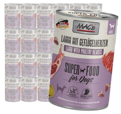 Produktbild von MAC's getreidefreies Nassfutter für Hunde mit Lamm und Geflügelherzen, 24 x 400 g