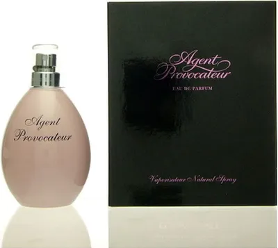 A bottle of Agent Provocateur perfume and its packaging are displayed against a white background.