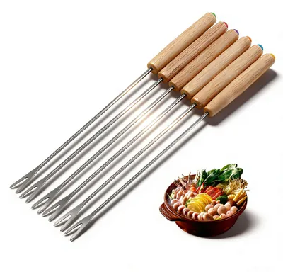 Fonduegabel-Set, Edelstahl, Holzgriff, 6 Stück, hitzebeständig