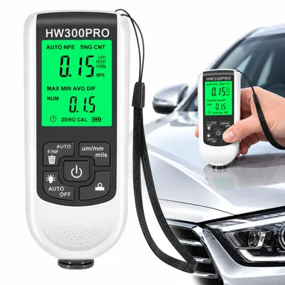 Produktbild von Lackschichtdickenmessgerät HW300PRO – Schichtdickenmessgerät Auto zur Lackprüfung, Fe/NFe-Modus, µm/mm/mils, beleuchtetes Display – Weiß