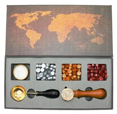 Produktbild von Wachssiegel Stempel Set mit Siegelwachsperlen, Messing Stempel, Schmelzlöffel, Kerze, Geschenkbox (Rose)