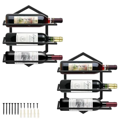 Produktbild von Omgoods – 2 Wandmontierte Weinhalter für 3 Flaschen – Goldfarbenes Metall-Design