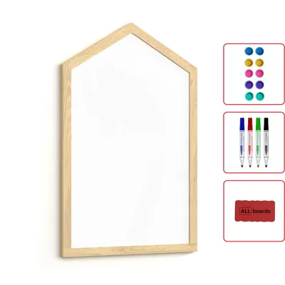 A house-shaped whiteboard with a wooden frame, shown with accessories like magnets and markers.