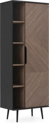 A tall, narrow cabinet with a dark gray exterior and a wooden door with a chevron pattern. The left side has open shelves.