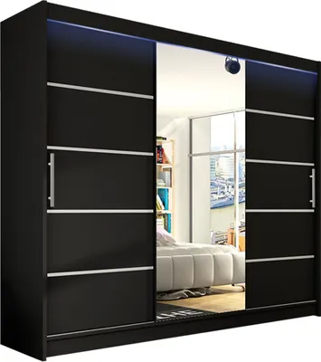 Produktbild von MIRJAN24 Großer Schwebetürenschrank Aston VI mit drei Türen, Kleiderschrank mit Kleiderstange, Frontspiegel (Farbe: Schwarz / Spiegel mit RGB LED Beleuchtung)