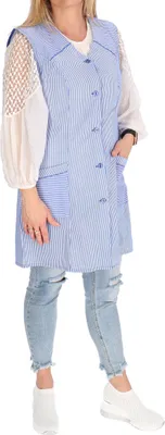 Produktbild von 7/8 Kasack Baumwolle gestreift Schürze kurz ohne Arm Kochschürze Kittelschürze, Farbe:blau, Größe:64