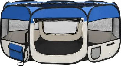 A blue and white foldable pet playpen is shown from the front.
