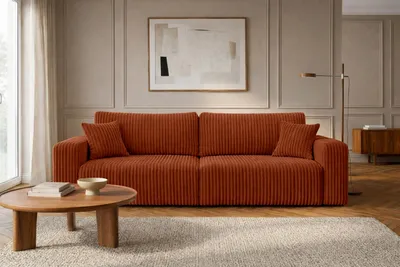 Zdjęcie produktu dla Sofa z funkcją spania i pojemnikiem, tkanina sztruksowa Tilia, Miedziany, BEST SCORNER