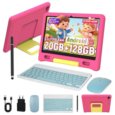Produktbild von Kinder Tablet 10.1 Zoll mit Tastatur, 128GB, 20GB RAM, HD 1280x800, Elternkontrolle, Android 15, WiFi 6