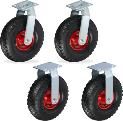 Productafbeelding van Relaxdays 2x Bockrol + 2x Zwenkrol, massief rubberen zwaar belastbaar wiel, 3.00-4, transportwielen, draagvermogen 120 kg, zwart/rood