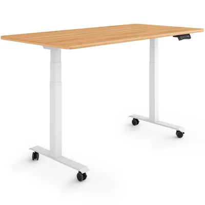 Produktbild von ESMART Germany EZX-132WM 140x70cm Ahorn-Nachbildung Ergonomischer Steh-Sitz-Schreibtisch auf Rollen Stufenlos elektrisch höhenverstellbar 65,5-130,5 cm 3 x Memory Aktivitätserinnerung Schnelle Montage