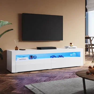 Produktbild von SONNI Lowboard TV-Schränke Weiß Hochglanz mit LED Beleuchtung, 12-LED-Farben, mit 2 Klapptür, Griffloses Design 180 x 40 x 45cm