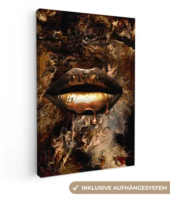 Produktbild von MuchoWow® - Leinwandbilder - Gold - Lippen - Luxus, Wandbild, Wanddeko Bilder Wohnzimmer, 40x60 cm