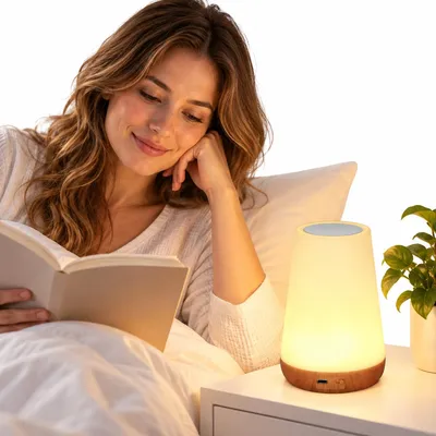 Produktbild von Nachtlicht LED, Nachttischlampe mit Touch und Fernbedienung, RGBW + Warmweiß, dimmbar, kabellos, USB-aufladbar, Holzoptik