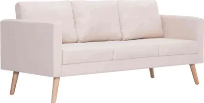 A cream-colored three-seater sofa with wooden legs, shown from a front-side angle against a white background.