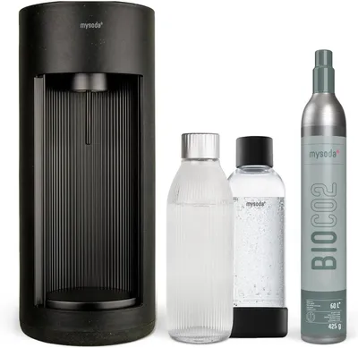 Produktbild von Mysoda Glassy Design-Wassersprudler (Black) mit 1L Glasflasche und 1L PET-Flasche und CO2 Zylinder