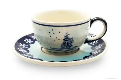 Produktbild von Original Bunzlauer Keramik Kaffeetasse Teetasse Ø9,8 cm klassisch 200 ml mit Unterschale Ø16 cm im Design DU11 Winter Weihnachten